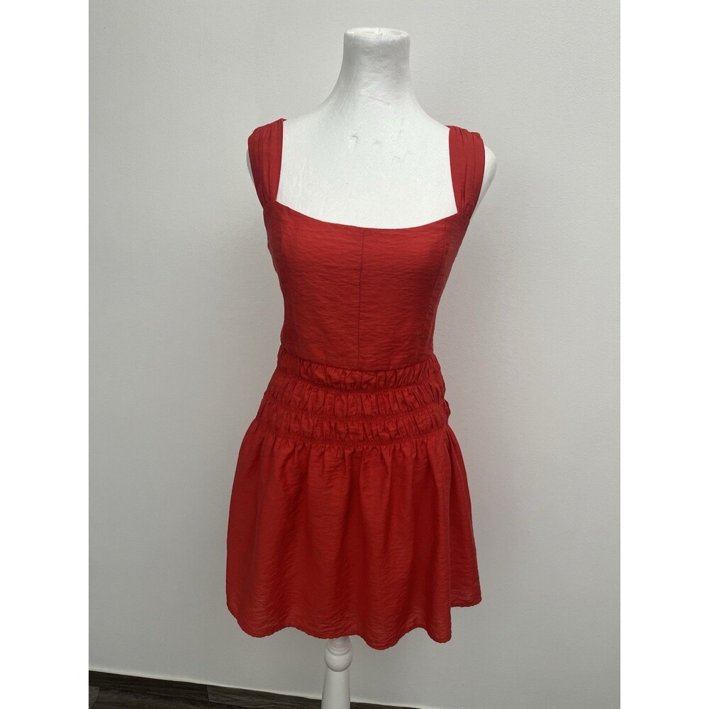 Lost + Wander Red Linen Blend Hidden Oasis Mini Dress Womens Size Medium Smocked